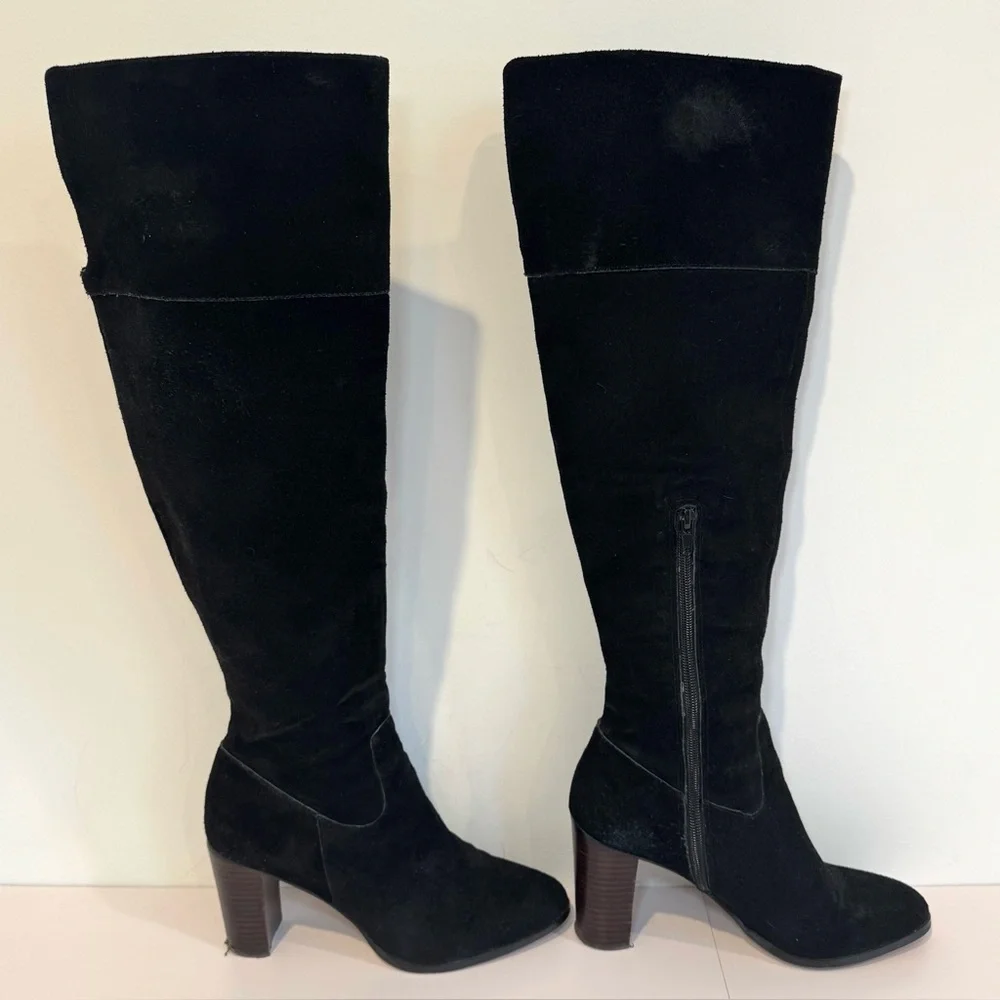 Lord & Taylor 424 Fifth Mikayla Black Suede Knee High Boots W Block Heel, Sz 8.5